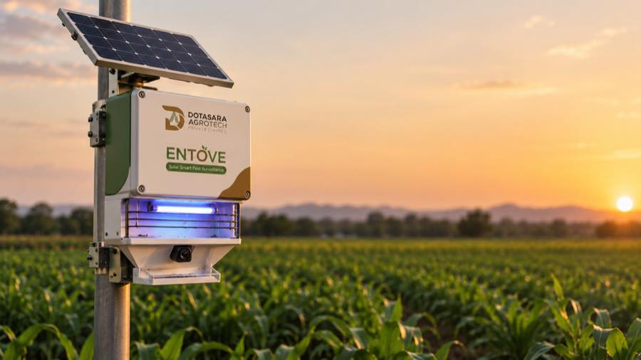An ENTOVE node mounted on a steel pole at the edge of a maize field at sunset. A solar panel is fixed above a white and green housing carrying the Dotasara Agrotech and ENTOVE marks; below it an ultraviolet tube glows behind a slotted guard, with a downward-facing camera and a collection tray beneath.