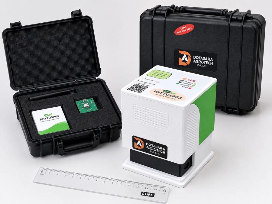 A white PHYTOSPEX unit with a green side panel and an indicator panel on top, standing beside its open foam-lined carry case, which holds the sensor board and a quick-start card. A 15 cm ruler laid in front gives the scale.
